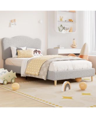 Twin XL Bed Frame For Kids With Scallop Velvet Headboard Platform