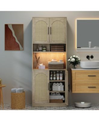  Tall Pantry Cabinet LED Light Microwave Shelf Oak