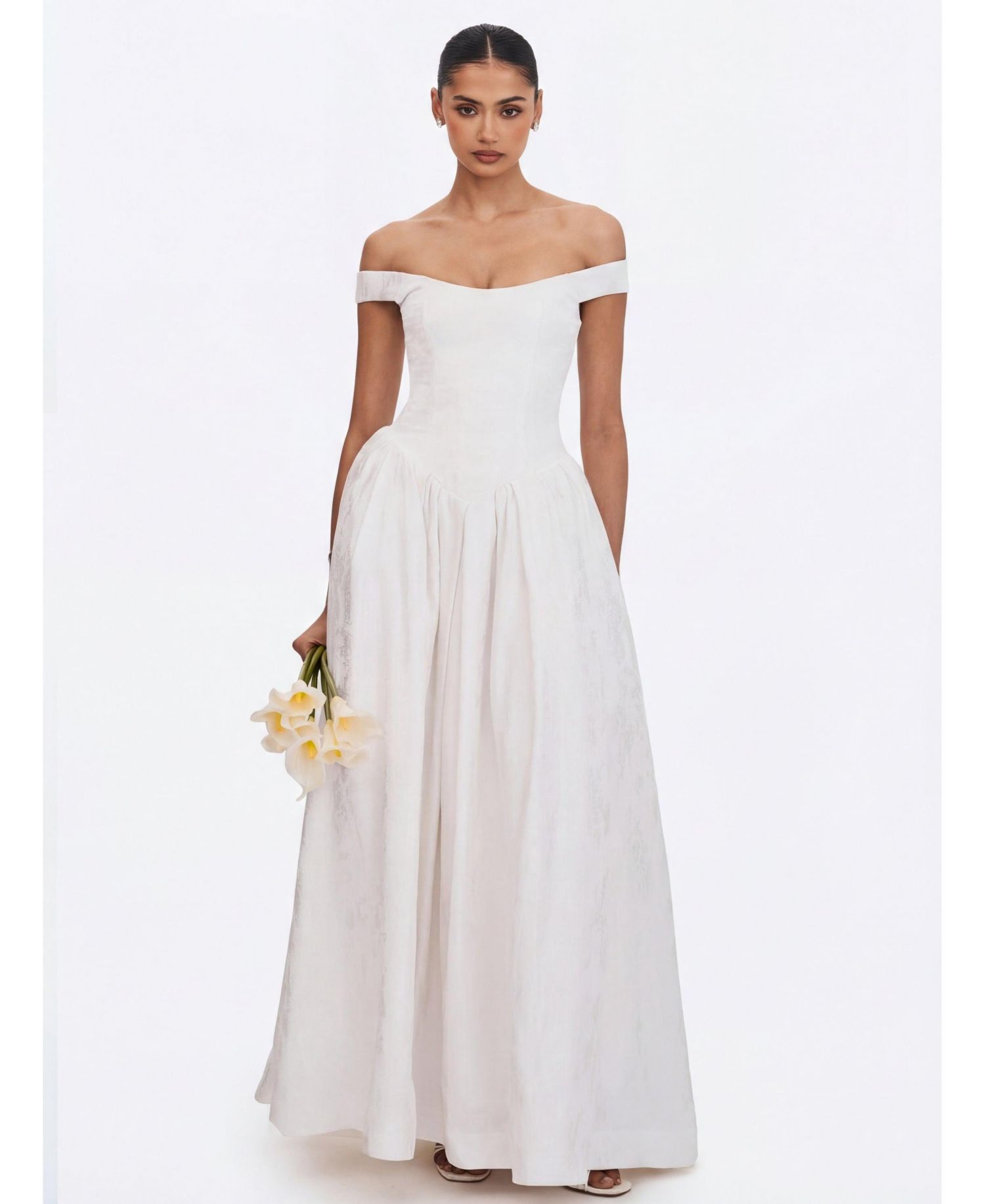 Women's Tinsley White Jacquard Bardot Wedding Gown