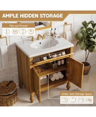 30 Inch Freestanding Bathroom Vanity with Seashell Resin Sink, Flip-Up Organizer & Soft Close Storage for Modern Space