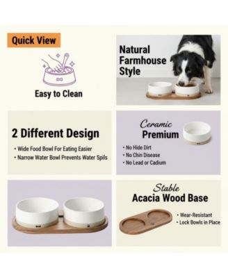 Ceramic Dog Bowls Set with Wood Tray Food Water Non-Slip Stable Farmhouse Style