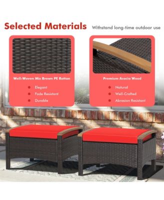 2PCS Patio Ottomans Wooden Handles Rattan Knitting Foot Pedal Red