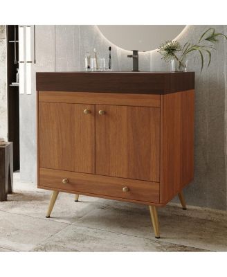 30" Freestanding Bathroom Vanity with Faux Marble Top, Ceramic Sink, Soft Close Storage for Small Bathrooms