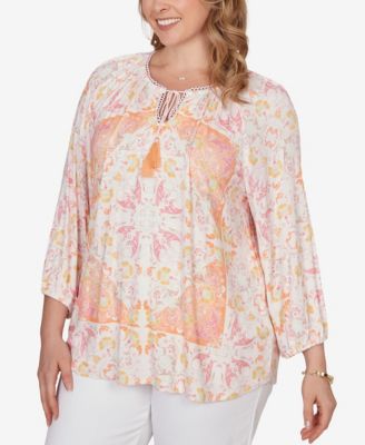 Plus Size Tapestry Print Drawstring Peasant Top