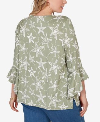 Plus Size Starfish Puff Print Flutter-Sleeve Top