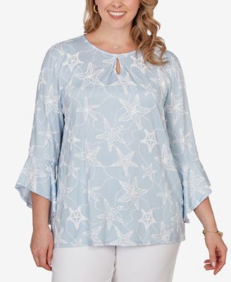 Plus Size Starfish Puff Print Flutter-Sleeve Top