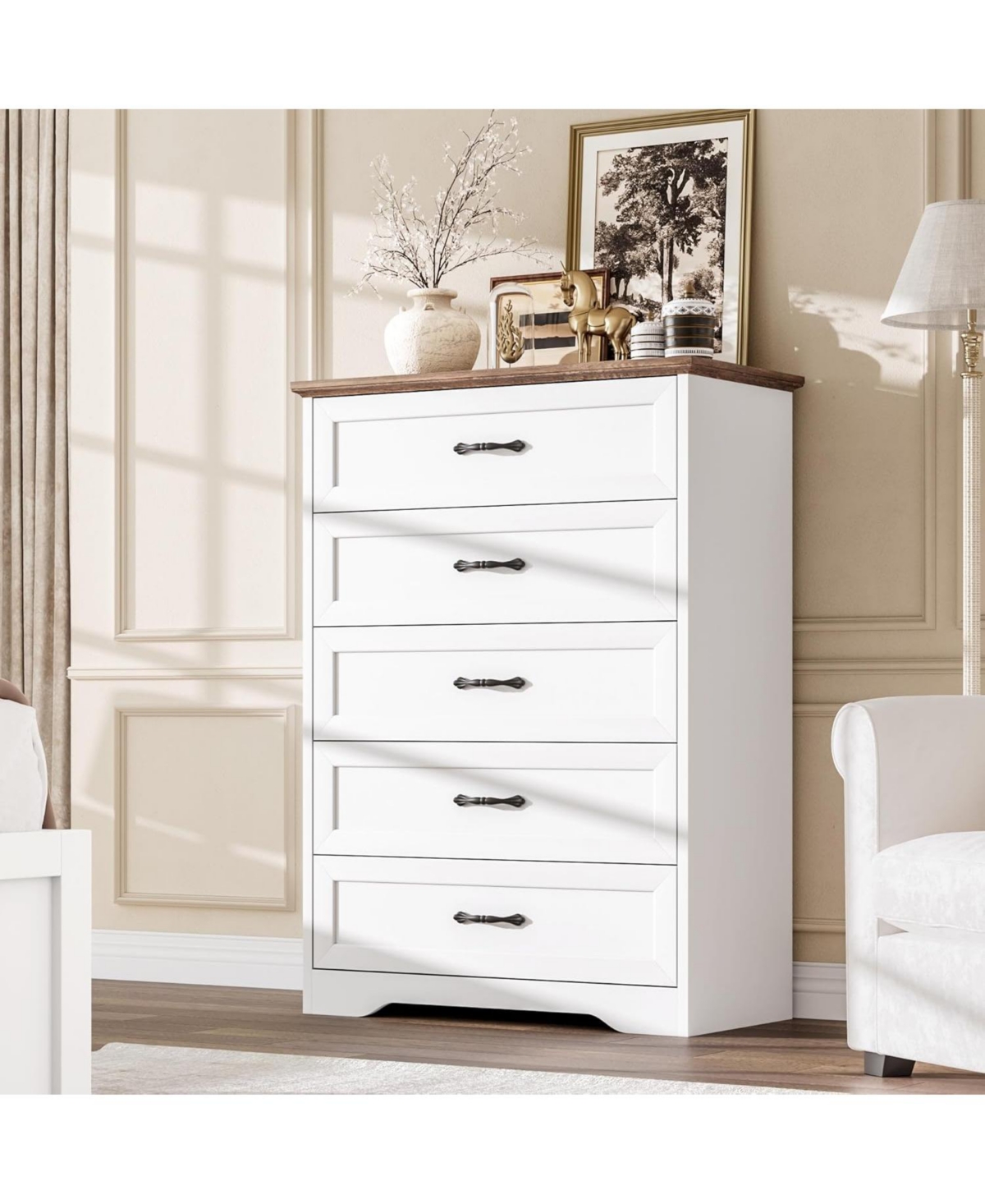 gaomon Farmhouse 5 Drawers Dresser for Bedroom, 44'' Tall Chest of Drawer, Wooden Vertical Dresser with Metal Handles and Stable Base - White