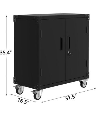 36" Metal Storage Cabinet, with Lock, Mobile Tool Cabinet with 2 Adjustable Shelves & 4 Wheels, Heavy Duty Steel Organizer for Garage, Workshop