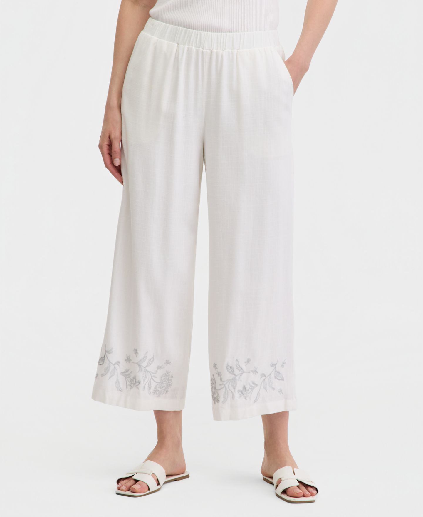 Женские брюки JM Collection High-Rise Embroidered Linen-Blend Cropped Pants, цвет: Яркий белый — фото 3