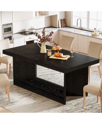 Dining Table for 4-6, Farmhouse Kitchen Table with Heavy Duty Pedestal, Rectangular Wooden Dinner Furniture, Black