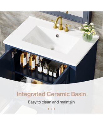 24" Modern Freestanding Solid Wood Bathroom Vanity with Ceramic Sink, Adjustable Shelf Storage, Soft-Close Cabinet & Drawer