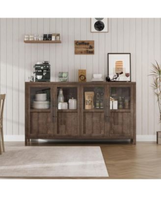 Sideboard Buffet Cabinet with 4 Glass Doors, 55 in Buffet Table Coffee Bar Wine Bar Display Cabinet for Kitchen Dining Room