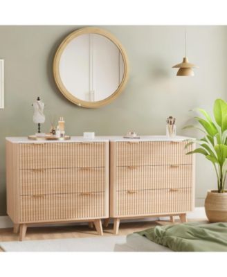 Fluted Nightstand, Modern 3 Drawer Bedside Table with Faux Marble Top, End Table for Bedroom Living Room