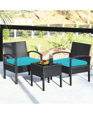 3PCS Patio Rattan Furniture Set Coffee Table and Chairs Set with Seat Cushions Garden
