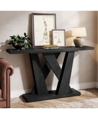 55-Inch Farmhouse Console Table, Entryway Table with Geometric Base, Narrow Sofa Table Rustic Wood Hallway Table