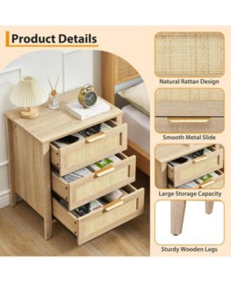 rattan nightstand with 3 drawers and a storage shelf, boho bedside table with sturdy wood legs, ideal for kids’ rooms or farmhouse bedrooms.