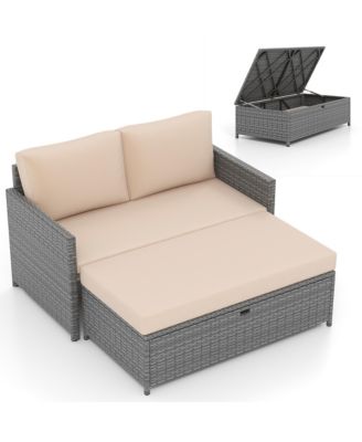 2 PCS Patio Loveseat w/ 31 Gal Multifunctional Storage Ottoman and Soft Cushions