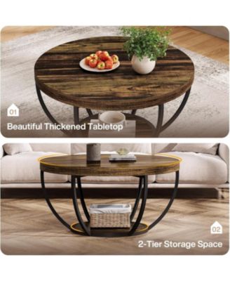 Round Coffee Table, Industrial 2-Tier Circle Coffee Table with Storage Shelves for Living Room, Home Office