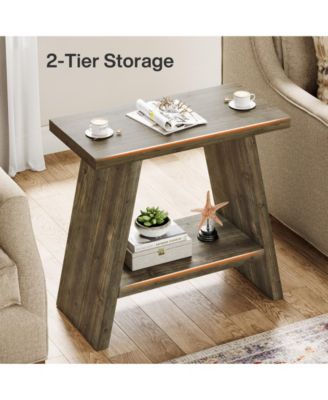Solid Wood End Table for Living Room Set of 2, Narrow Small Side Table with 2-Tier Storage