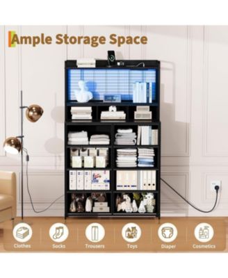 Rustic Dresser for Bedroom with Charging Station, App-Controlled RGB LED, Tall Dresser Storage Organizer with 11 Fabric Drawers