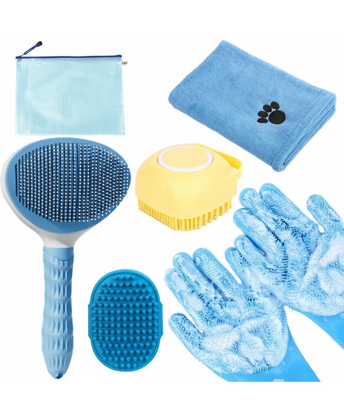 Aronkl Pet Bath Kit: Slicker Brush, Shampoo Brush, Glove, Towel - Blue