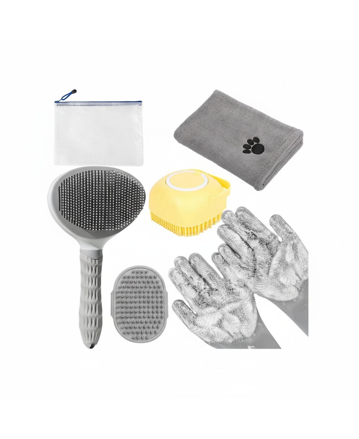 Aronkl Pet Bath Kit: Slicker Brush, Shampoo Brush, Glove, Towel - Grey