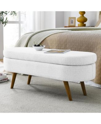 Oval Storage Ottoman Bench - Upholstered End of Bed Bench with Safety Hinge Flip Top and Solid Wood Legs for Bedroom