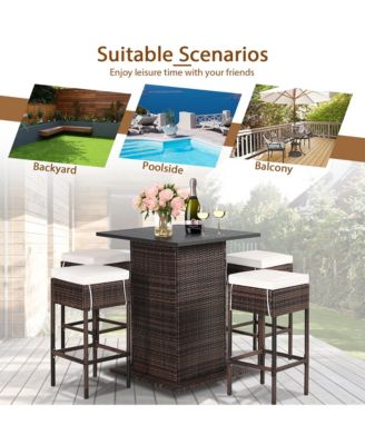 5PCS Patio Bar Set Rattan Bar Furniture Set w/ Table and 4 Cushioned Stools