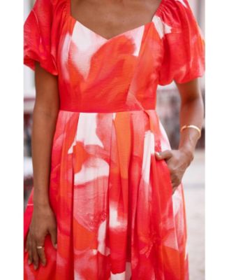 Women's Floral Midi Dress With Puff Sleeves