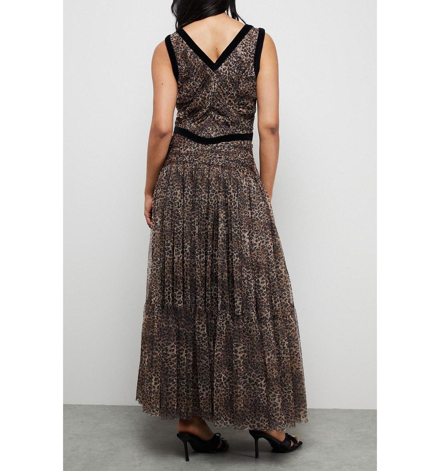 Women's Velvet Trim Leopard Tulle Maxi Dress