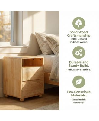 Solid Wood Nightstand - Curved Modern Bedside Table with Charger Station, 2 Drawers and Shelves for Bedroom, Living room