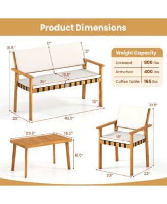 Set of 4 Wood Furniture Set w/Coffee Table Seat Back Cushions for Backyard Porch