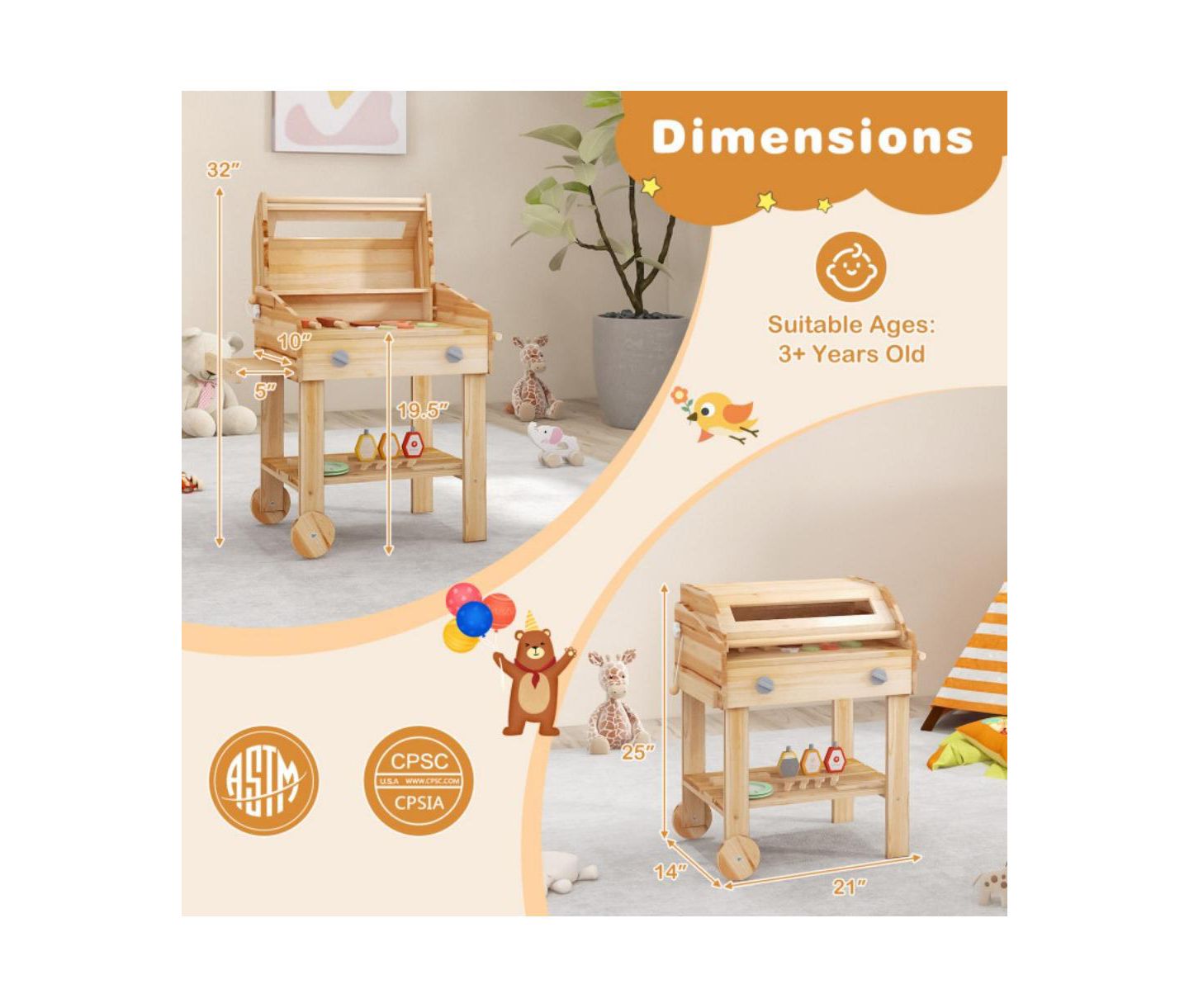 Детские игрушки HONGGE Wooden Barbecue Grill Playset with Wheels, 25-Piece Set, Ages 3+, цвет: Натуральный — фото 2