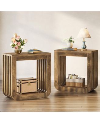 Side Table Set of 2, Farmhouse Narrow End Table with Slatted Open Frame, Wooden Rustic Accent Sofa Side Table