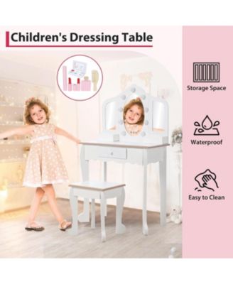 Kids Vanity Table and Chair Set with 3 Mirrors, LED Light & Drawer, Wooden Makeup Set