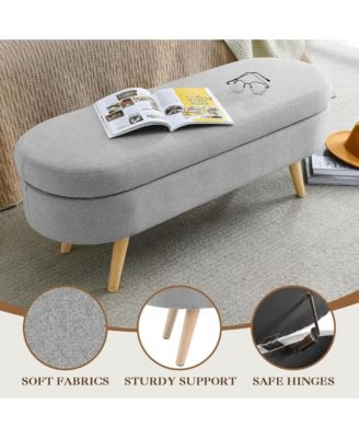 Oval Storage Ottoman Bench - Upholstered End of Bed Bench with Safety Hinge Flip Top and Solid Wood Legs for Bedroom