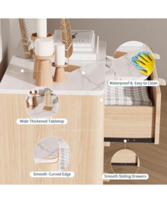 32" Width Fluted Nightstand Set of 2, Modern 3 Drawer Bedside Table with Faux Marble Top, Wood Chest of Bedside Table with Curved Profile