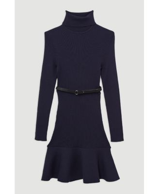 Women's Roll Neck Belted Flippy Hem Mini Dress