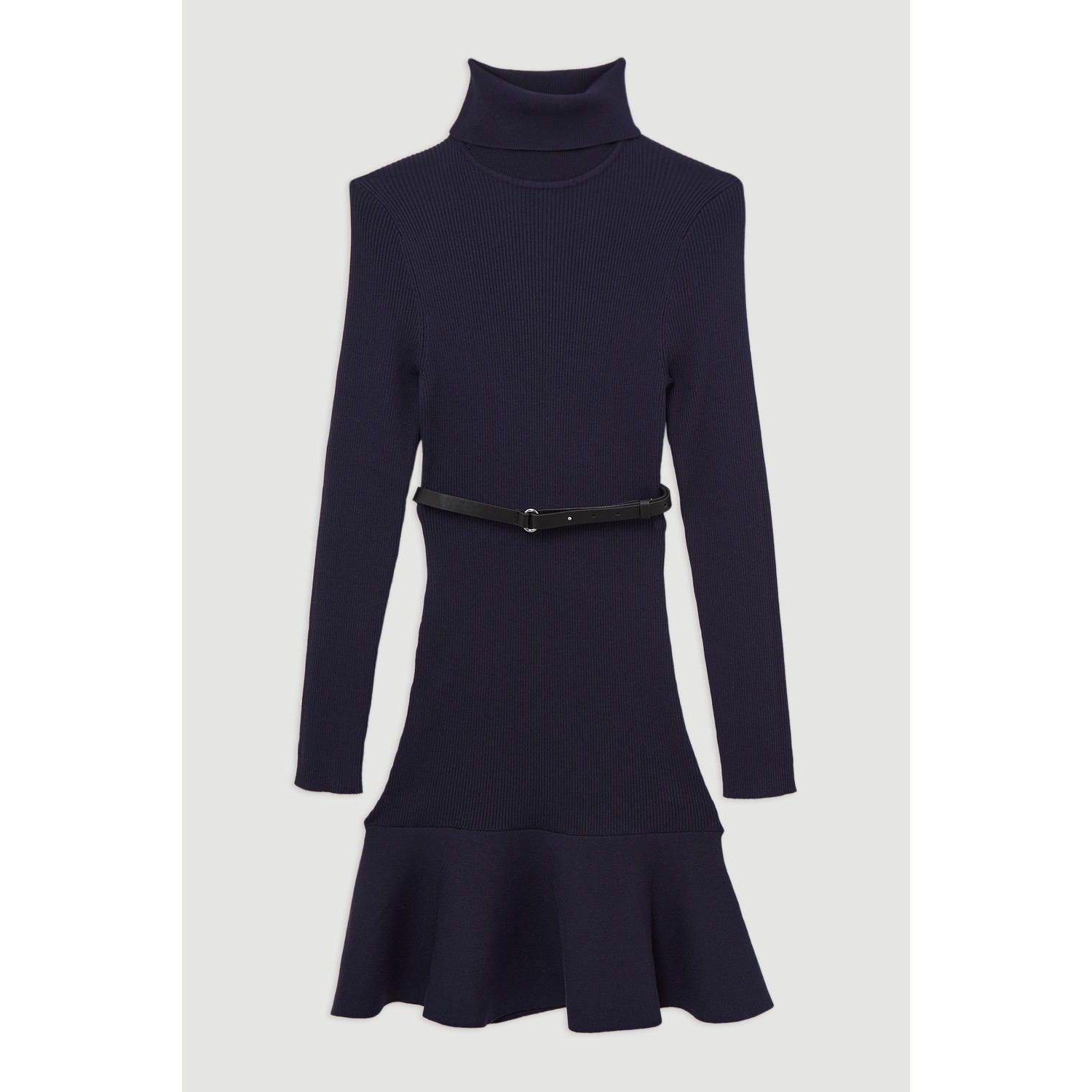 Women's Roll Neck Belted Flippy Hem Mini Dress