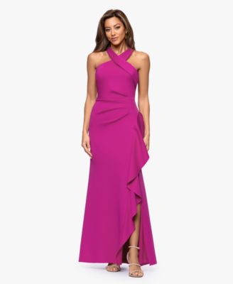  Petite Cross-Neck Ruffle Gown