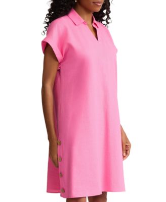 Women's Short-Sleeve Collared Linen-Blend V-Neck Dress