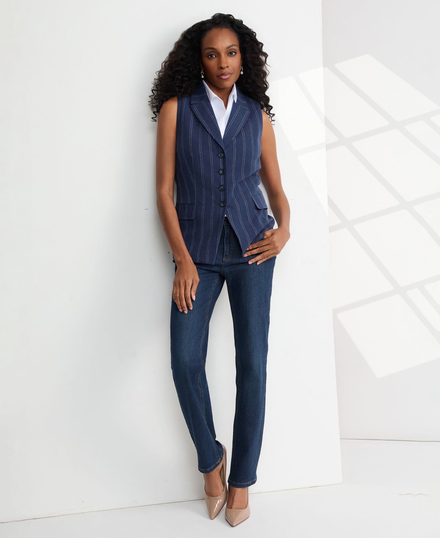 Petite Double Pinstripe Peak Lapel Linen Collar Vest