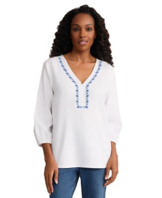 Women's V-Neck Linen-Blend Popover Top