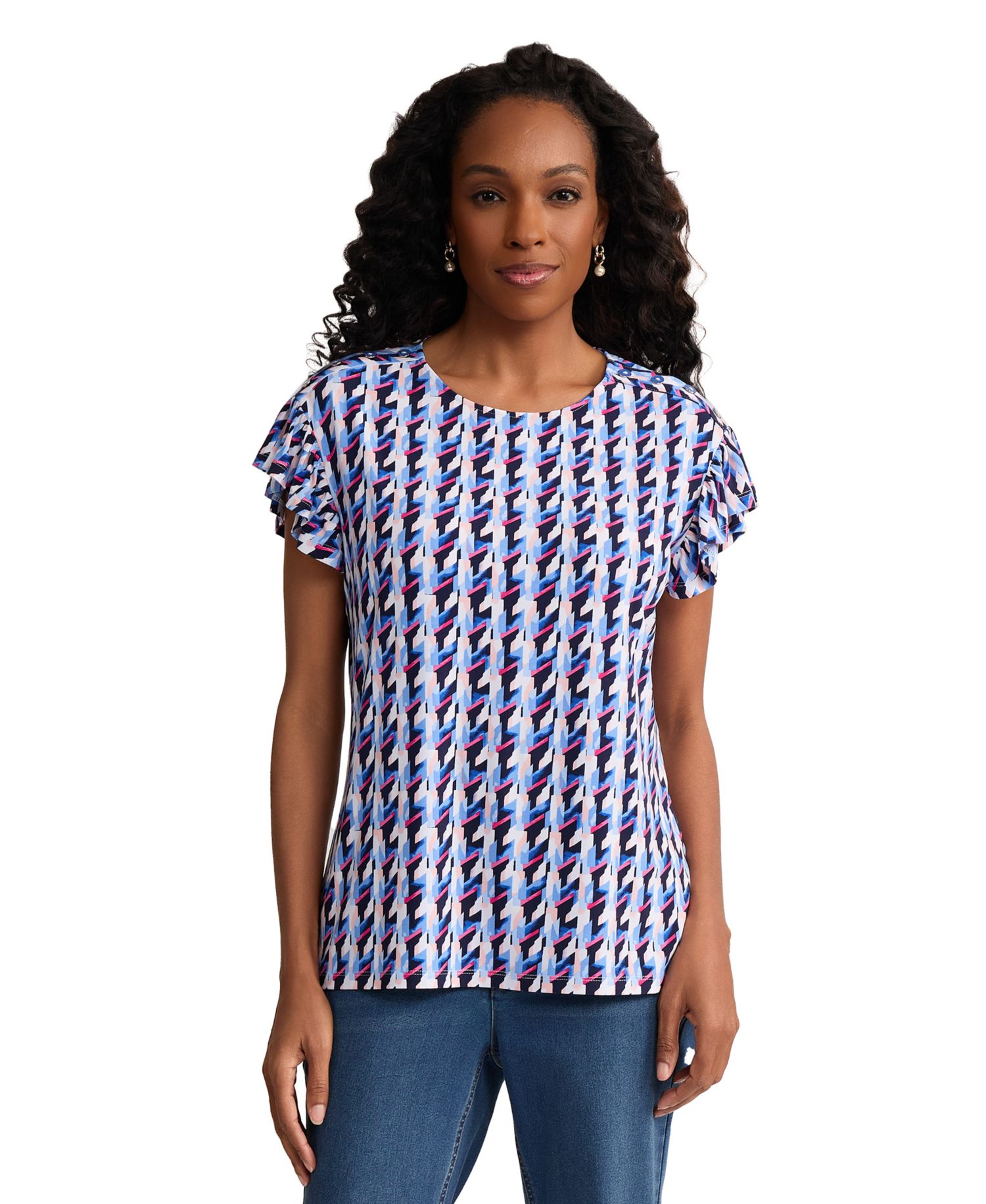Petite Round Neck Flutter Short-Sleeve Top