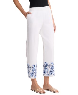 Women's Embroidered Linen-Blend Crop Pants