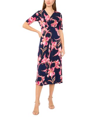 Women's Short-Sleeve V-Neck Twist Front Midi Dress