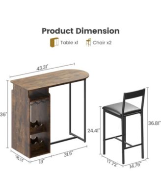 Bar Table and Chairs Set for 2, Vintage Pub Table w/Triple-Tier Wine Rack & Glass Holder, Velvet Seats for Small Spaces