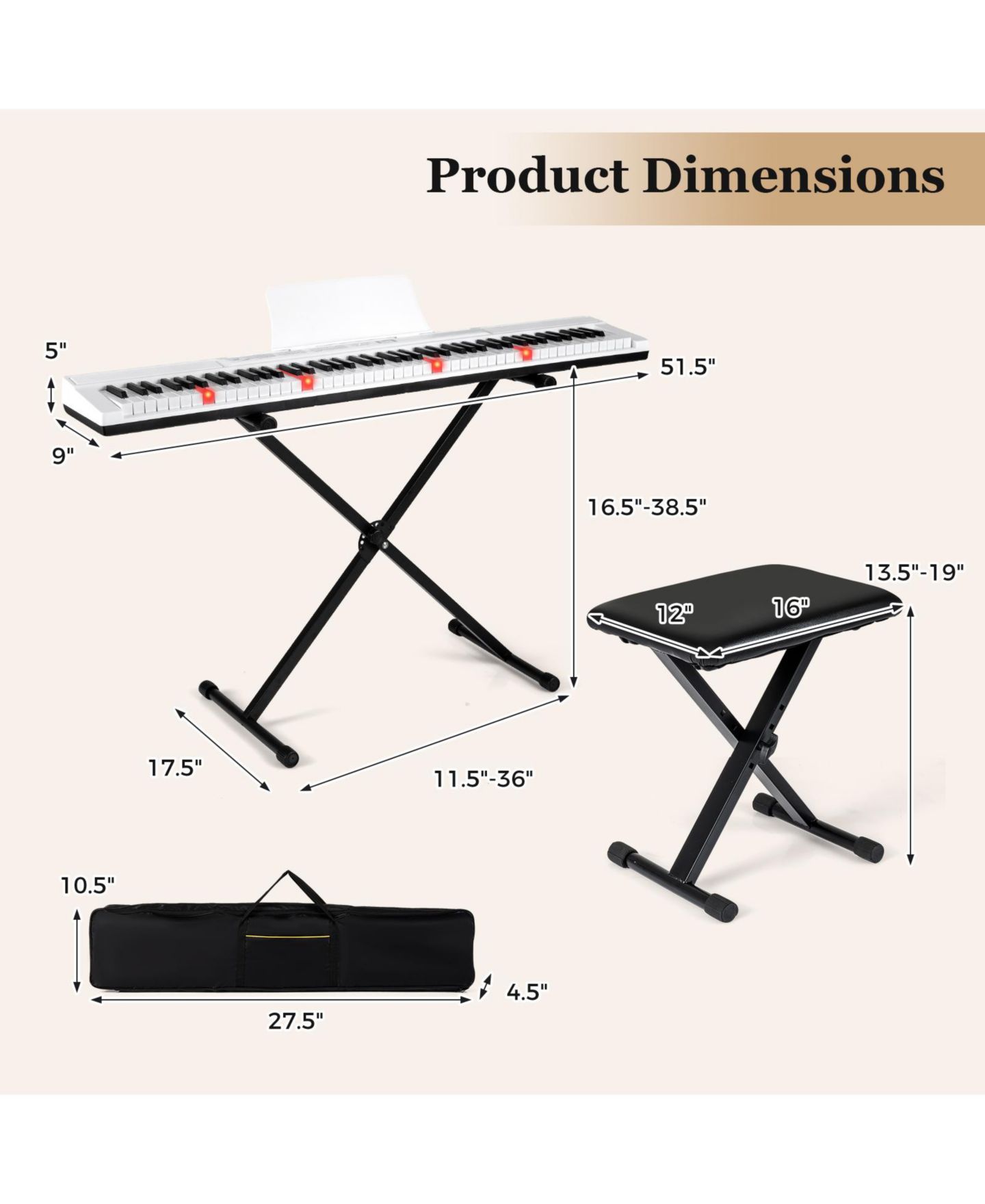 Детские игрушки Mecale 88-Key Electric Piano Keyboard with Adjustable Stand & Portable Bag for Home or Travel, цвет: Белый — фото 3