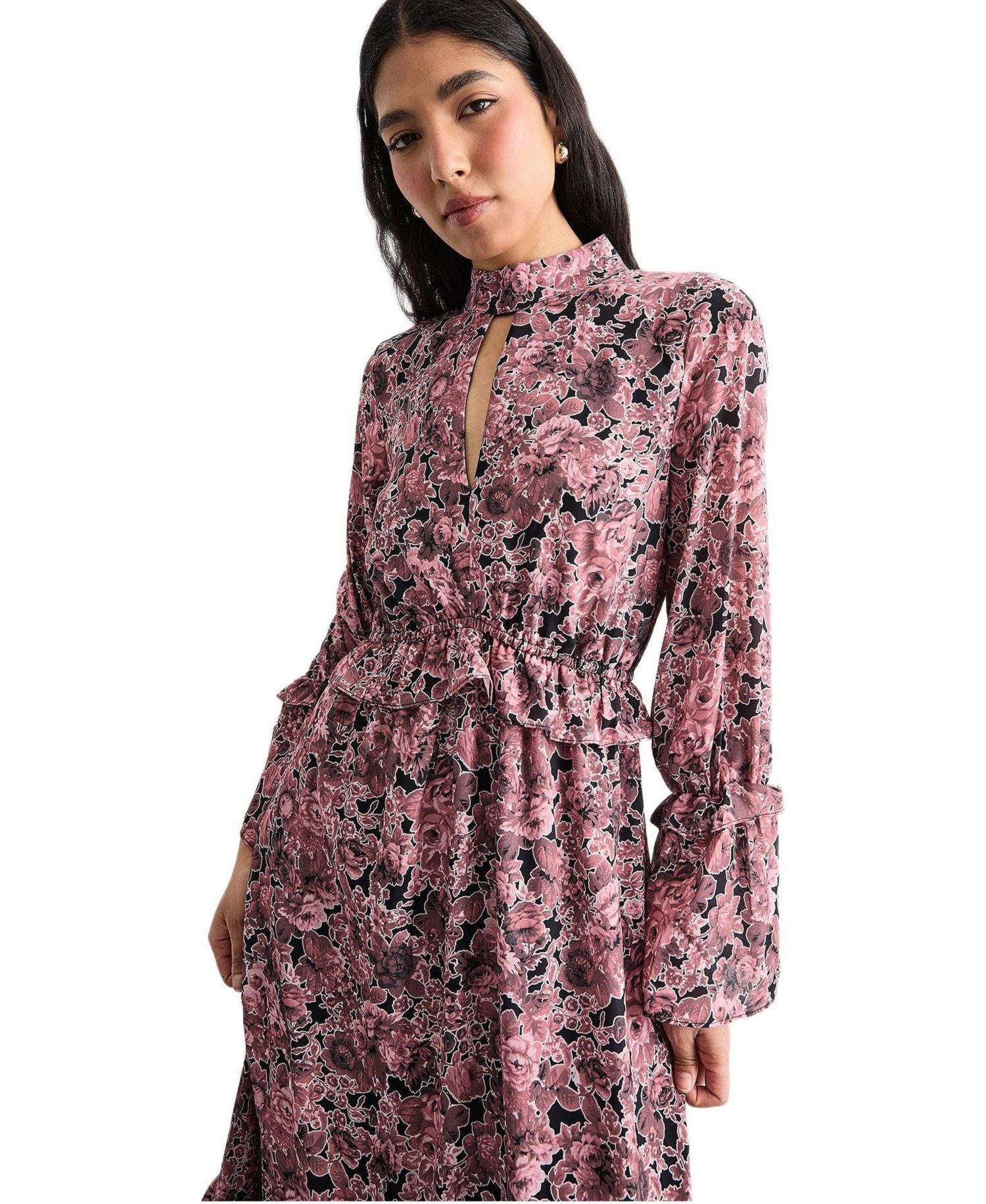 Women's Chiffon Shirred High Neck Midi Dress