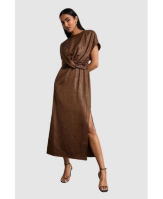 Women's Leather Look Twist Front Midi Dress